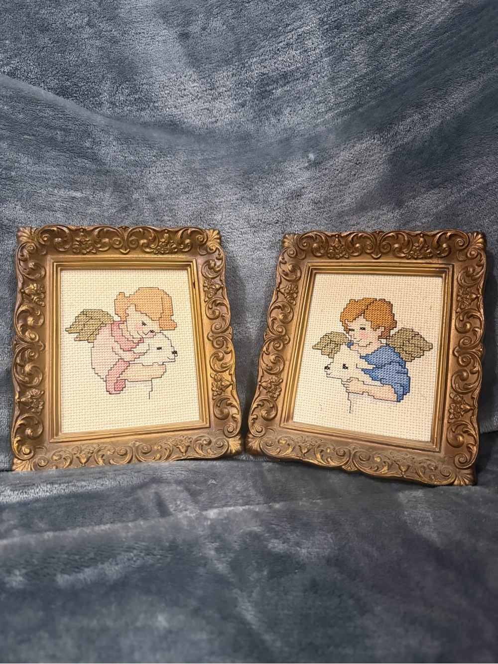 Ornate Gold Framed Angel Cross-Stitch Pair - Pink & Blue